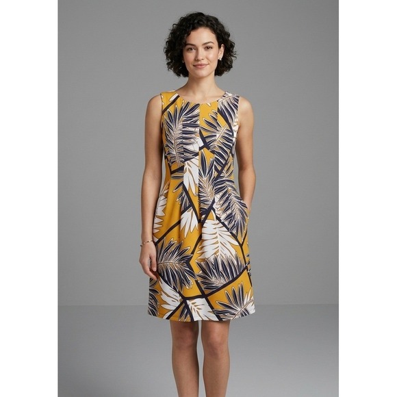 En Focus Studio Dresses & Skirts - EnFocus Studio Womens 8 Tropical Palm Leaf Print A-Line Dress Mustard Navy NWT